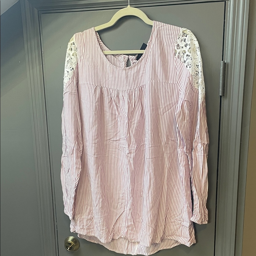 Lane Bryant Pink & White Striped Lace-Accent Tunic